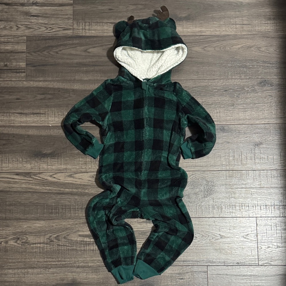 Green Plaid Reindeer Kids One Piece